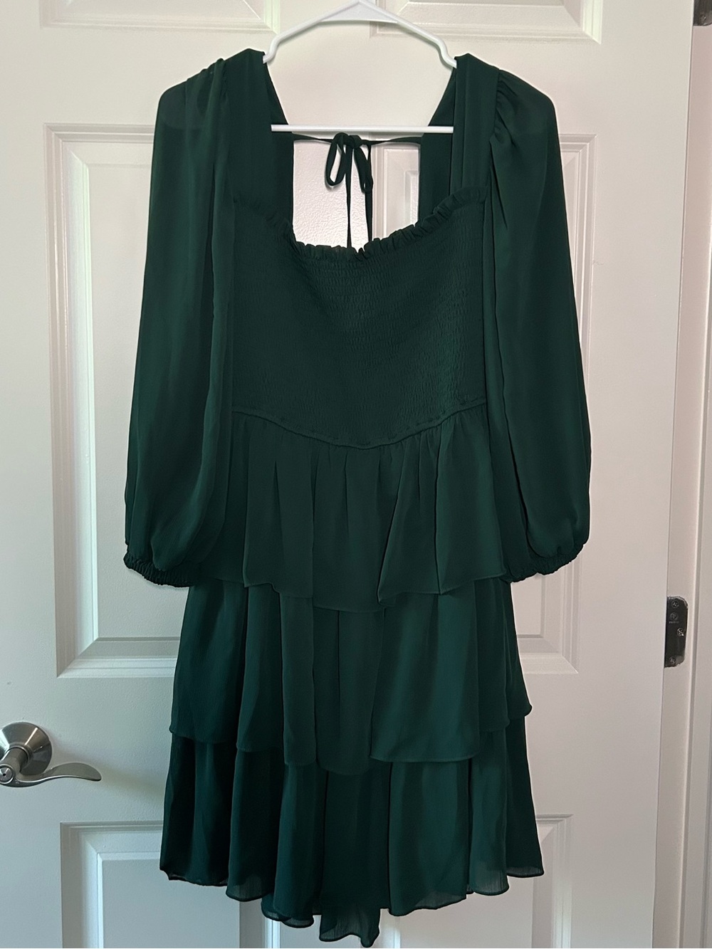 NWT Forest Dark Green Tiered Smocked Long-Sleeve Women's Mini Dress